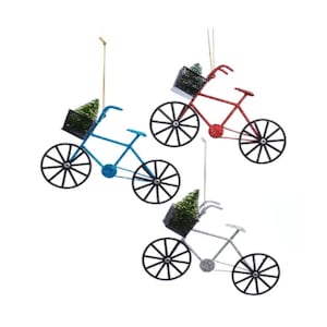 Glittery Vintage Bicycle with Christmas Tree in Basket Christmas Ornament - Red, White, Blue Bike Ornament