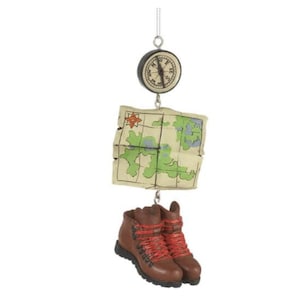 Hiking Dangle Ornament, with Boots, Map and Compass - Gone Hiking Dangle Christmas Ornament