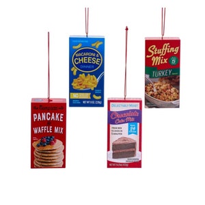 Boxed Foods Ornaments - Macaroni and Cheese, Pancake Mix, Cake Mix, Stuffing Food Box Ornaments - Ornament Gift Exchange - Stocking Stuffers