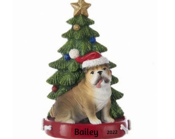 Bulldog with Santa Hat by Festive Christmas Tree Personalized Christmas Ornament- Bulldog Dog Personalized Ornament 2022