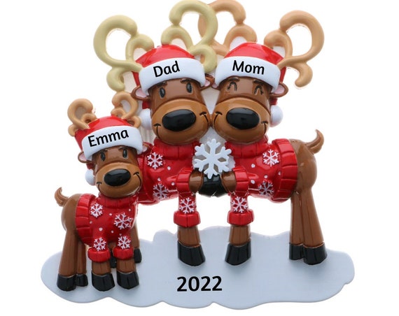 Family of 3 Christmas Ornament - Reindeer Family of Three with Ugly Christmas Sweaters Hand Personalized Christmas Ornament 2022