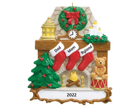 3 Stockings Hanging from Mantle Personalized Christmas Ornament - Traditional Three Red Stockings Hanging over Fireplace Ornament 2022