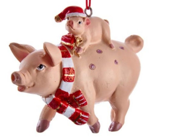 Pig and Piglet Wearing Red Scarf and Santa Hat 3-D Holiday Christmas Ornament 2022