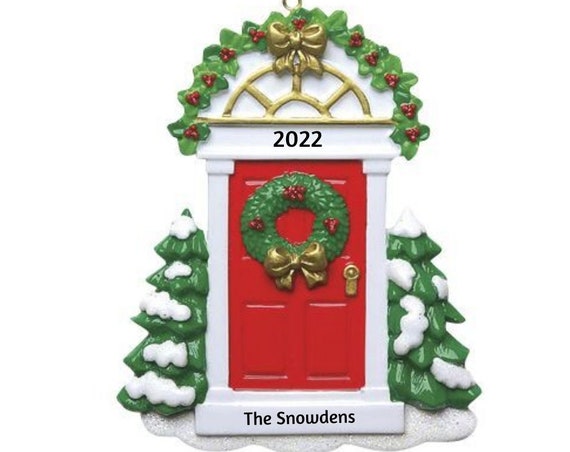 Red Front Door with Christmas Wreath and Garland- New Home Personalized Christmas Ornament -  Front Door Personalized Christmas Ornament