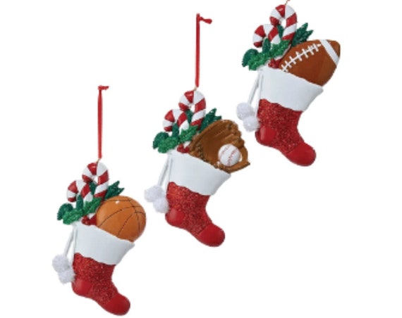 Sports Balls in Festive Christmas Sock Ornament for Personalization - Baseball, Basketball, Football Personalized Ornament 2022