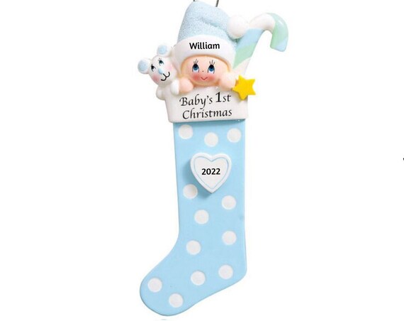 Baby Boy in a Long Blue Stocking - Baby Boy - Baby's First Christmas - Hand Personalized Christmas Ornament 2022