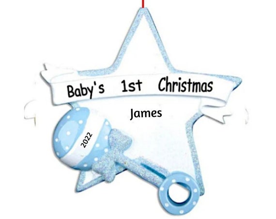 Baby Boy First Christmas - Baby's First Christmas Blue Baby Rattle/Star Hand Personalized Christmas Ornament 2022