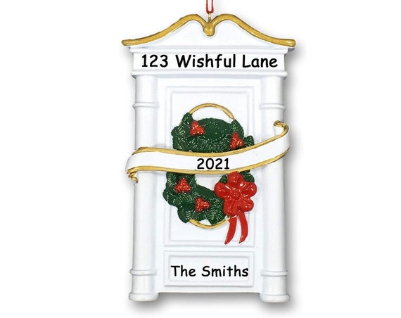 White Door with Christmas Wreath and Ribbon- First Apartment - New Home - Personalized Ornament - Hand Personalized Christmas Ornament 2022