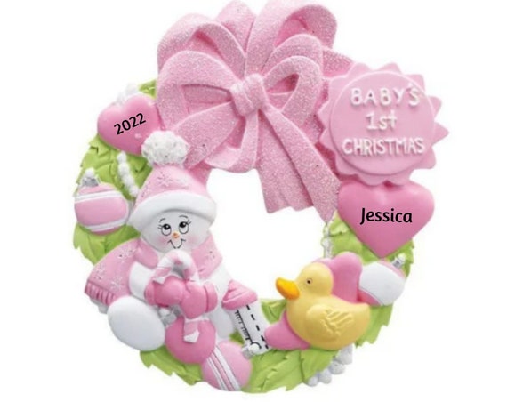 Baby Girl - Pink Wreath Hand Personalized Christmas Ornament