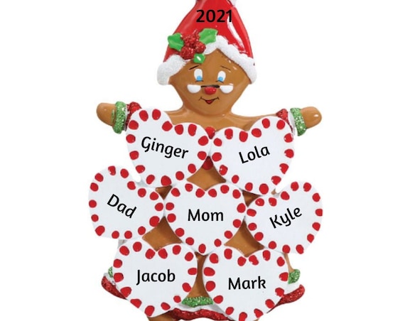 Gingerbread Family of 7 - Gingerbread Cookie with 7 Peppermint Hearts Personalized Family Ornament 2022
