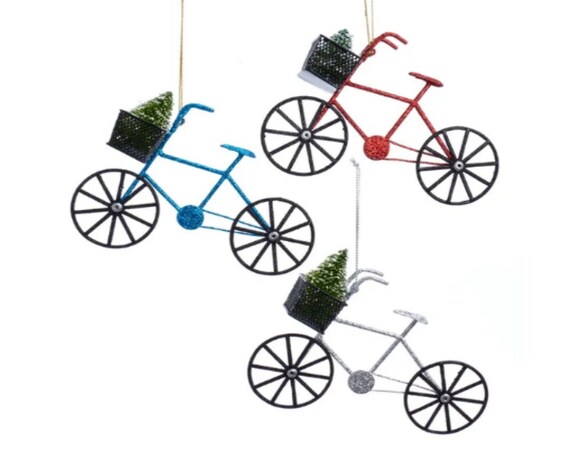 Glittery Vintage Bicycle with Christmas Tree in Basket Christmas Ornament - Red, White, Blue Bike Ornament 2022