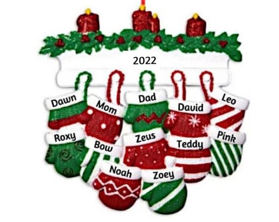 12 Mittens on the Christmas Mantle - Mitten Family of 12 - Hand Personalized Christmas Ornament