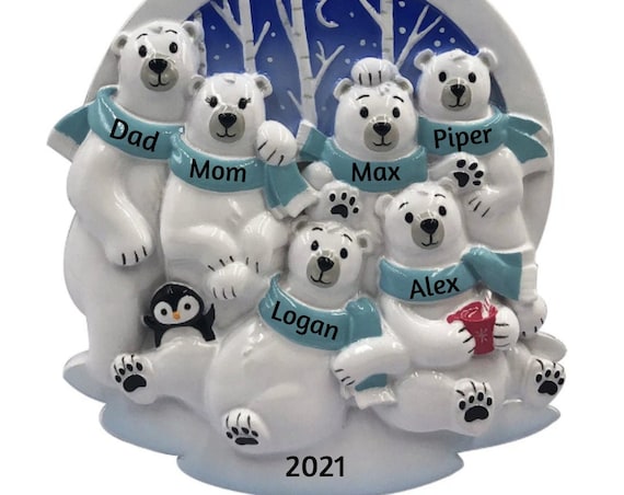 6 Arctic Polar Bears with Blue Scarves Hand Personalized Christmas Ornament - Family of Six Polar Bears Personalized Ornament 2022