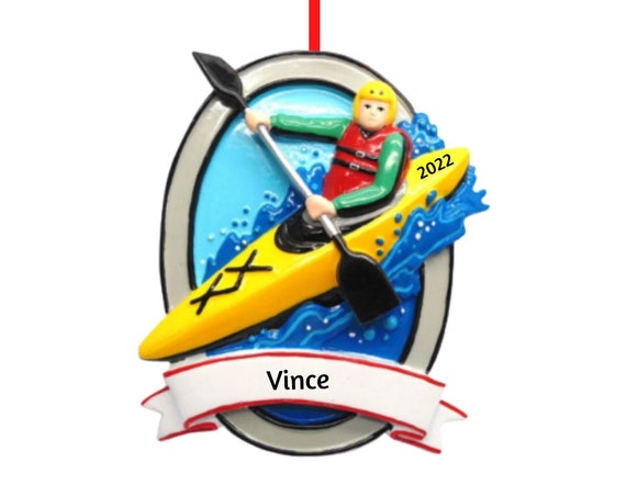 Kayaker in Yellow Kayak with Paddle Holiday Christmas Ornament - Kayaker Hand Personalized Ornament 2022