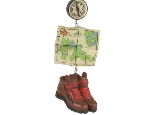 Hiking Dangle Ornament, with Boots, Map and Compass - Gone Hiking Dangle Christmas Ornament