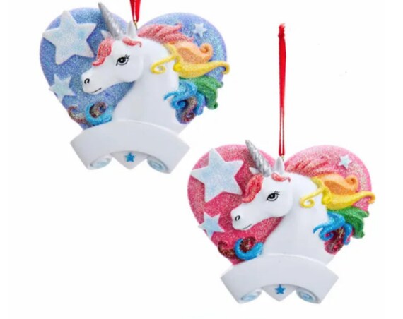 Glitter Rainbow Unicorn with Heart Ornament for Personalization 2022