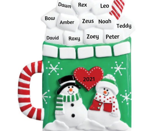 Christmas Mug with 10 Marshmallows  Table Top Christmas Ornament - Snowman Couple Hot Chocolate Hand Personalized Christmas Ornament 2022