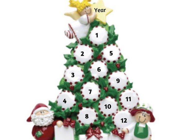 12 Peppermint Candies on Christmas Tree Personalized Table Top Ornament  - Family of 12 Christmas Tree Table Top Ornament 2022