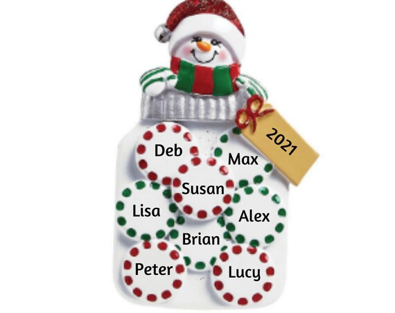 Mason Jar with 8 Peppermints Christmas Ornament - Family of Eight Candy Peppermints in Jar Hand Personalized Christmas Ornament 2022