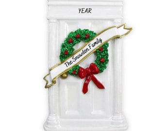 Personalized New Home Ornament - New Apartment Ornament - First Home Ornament - White Door with Christmas Wreath Ornament - Neighbor Gifts