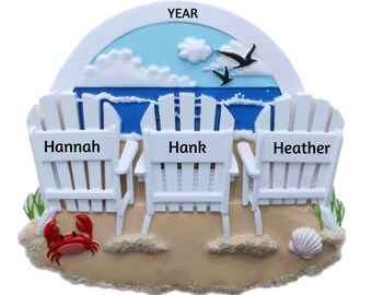 Personalized Beach Family Ornament - 3 White Beach Chairs, Family Of 3 at the Beach  Christmas Ornament - Beach Vacation - Spring Break