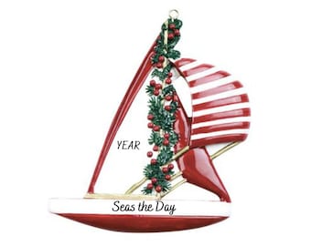 Enfeite de barco à vela personalizado - Enfeite festivo de Natal em forma de barco à vela - Enfeite náutico - Enfeite de Natal em julho - Enfeites de praia