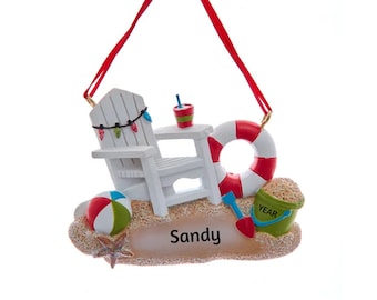 Personalized Beach Ornament - Beach Chair Ornament - White Adirondack Beach Chair in the Sand Ornament - Beach Vacation Ornament