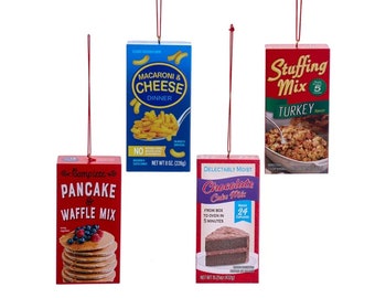 Food Box Ornaments - Macaroni and Cheese, Pancake Mix, Cake Mix, Stuffing Food Box Ornament