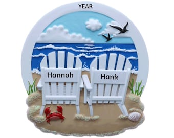 Personalized Beach Couple Ornament - Beach Chairs Ornament - 2 White Beach Chairs, Couple at the Beach Ornament - Beach Ornament