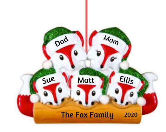 Red Fox Family of 5 on a Log - Five Red Foxes Personalized Ornament - Hand Personalized Christmas Ornament 2022