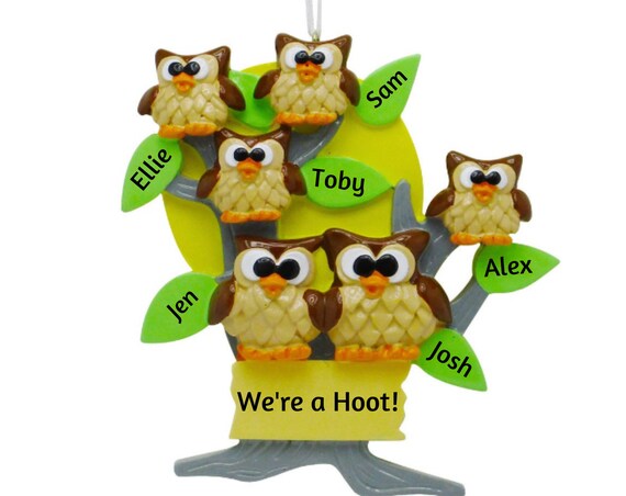 6 Owls Family Ornament- Wise Owl Family of Six, Friends or Siblings on Tree Personalized Christmas Ornament
