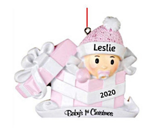 Baby's 1st Christmas - Baby Girl In Pink Present - Baby's First Christmas Hand Personalized Christmas Ornament