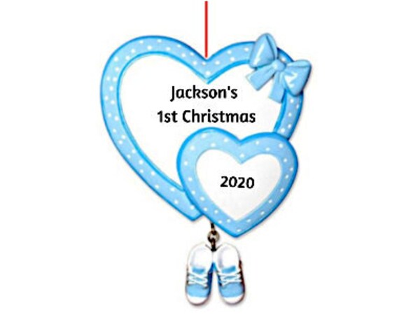 Baby Boy Double Hearts Ornament- Blue Double Hearts/Booties Hand Personalized Christmas Ornament 2022
