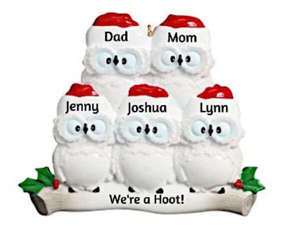Family of 5 - 5 White Snow Owls, Friends or Siblings Personalized Christmas Ornament - Five Owls on a Branch Christmas Ornament