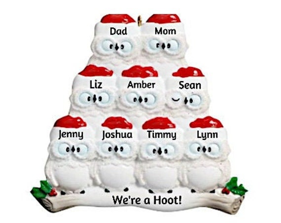 Family of 9 - 9 White Snow Owls, Friends or Siblings Personalized Christmas Ornament - Nine Owls on a Branch Christmas Ornament