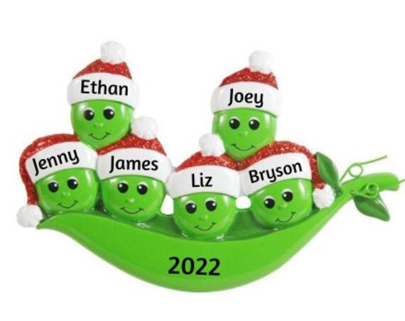 Family of 6 - Peapod Family of Six Personalized Christmas Ornament - Six Peas in a Pod Hand Personalized Christmas Ornament