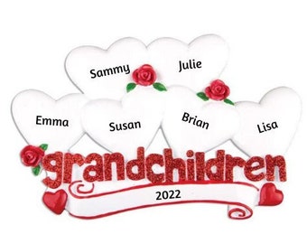 Grandchildren with 6 Hearts Personalized Christmas Ornament - 6 Grandkids Hand Personalized Christmas Ornament