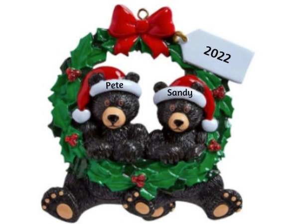 Beary Merry Black Bear Couple in Wreath Personalized Christmas Ornament 2022