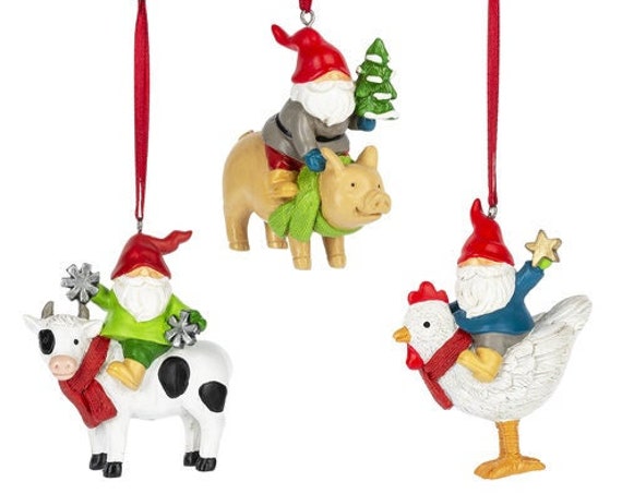 Gnome with Farm Animal Ornaments - Gnome with Cow, Pig and Chicken Festive Barn Animal Ornaments