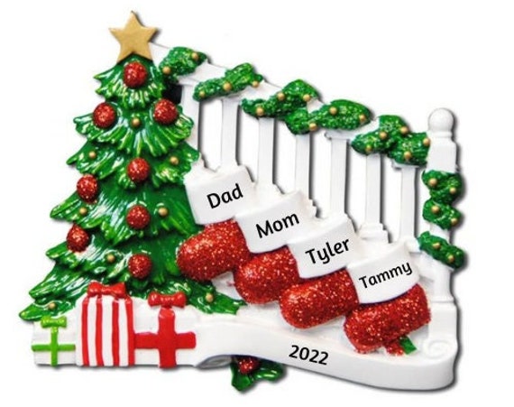 4 Stockings on a Festive Bannister - Stocking Family of Four Personalized Ornament, Friends or Siblings Hand Personalized Ornament 2022