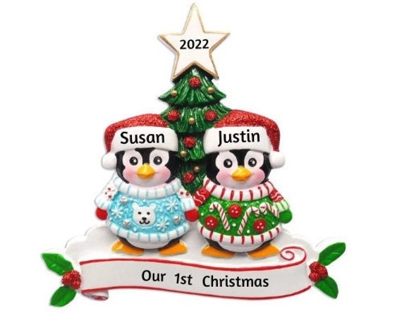 Ugly Sweater Penguin Couple, Siblings or Friends Personalized Christmas Ornament 2022