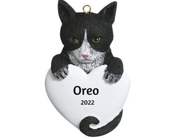 Black Cat Heart Personalized Ornament - Black Tuxedo Cat Hand Personalized Christmas Ornament 2022