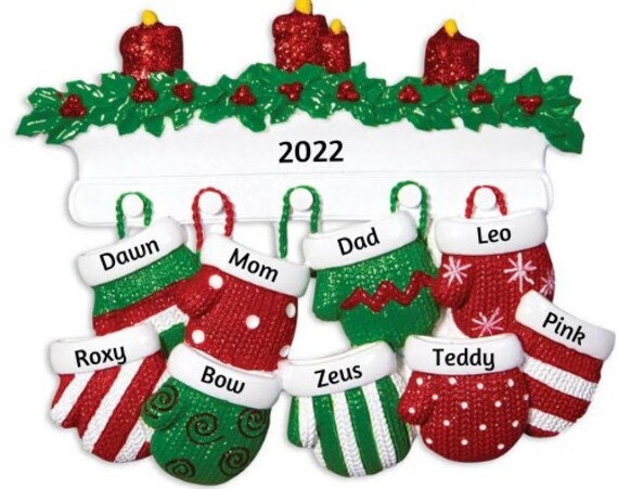 9  Mittens on the Christmas Mantle - Mitten Family of 9 - Hand Personalized Christmas Ornament 2022
