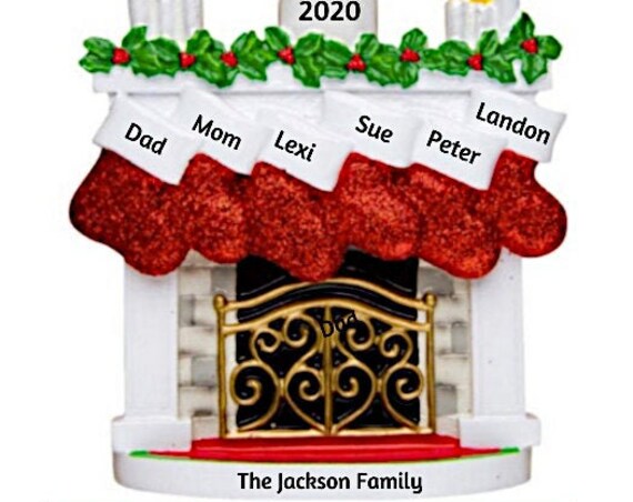 Family of 6 Christmas Ornament- Six Stockings Hanging on Mantle Over Fireplace- Family of Six Hand Personalized Christmas Ornament