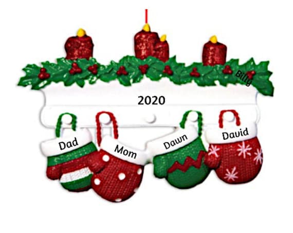 4 Mittens on the Christmas Mantle - Mitten Family of 4 - Hand Personalized Christmas Ornament 2022