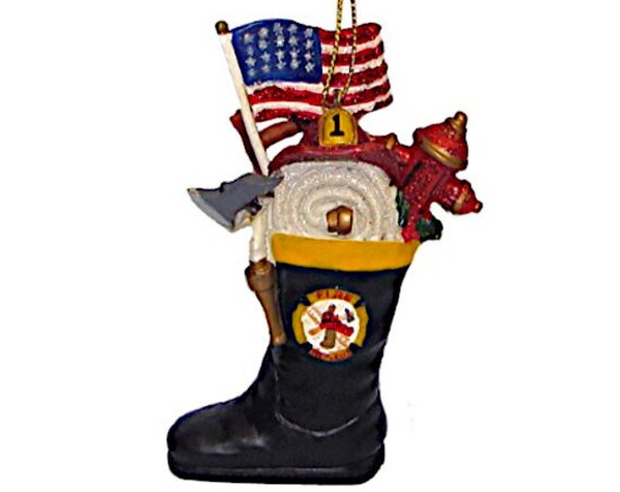 Firefighter Boot with Hose, Axe, a Fire Hydrant and Helmet Christmas Ornament