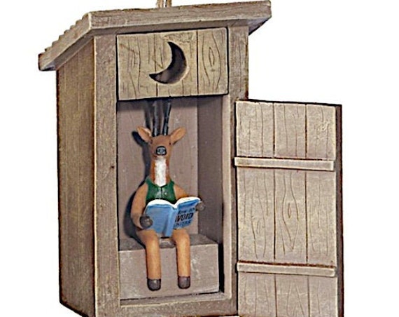 Outhouse with Deer Reading Book Inside Christmas Ornament 2022