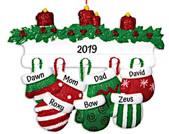 7 Mittens on the Christmas Mantle - Mitten Family of 7 - Hand Personalized Christmas Ornament 2022
