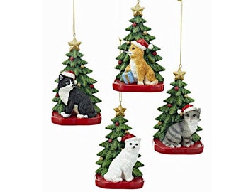 Cat in Santa Hat by Festive Christmas Tree Personalized Ornament - Christmas Kitten - White, Grey, Tabby and Black/White Ornament 2024