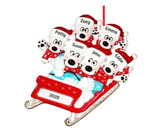 6 Polar Bears on a Sled Personalized Christmas Ornament - Family of 6 Polar Bears Hand Personalized Christmas Ornament 2022